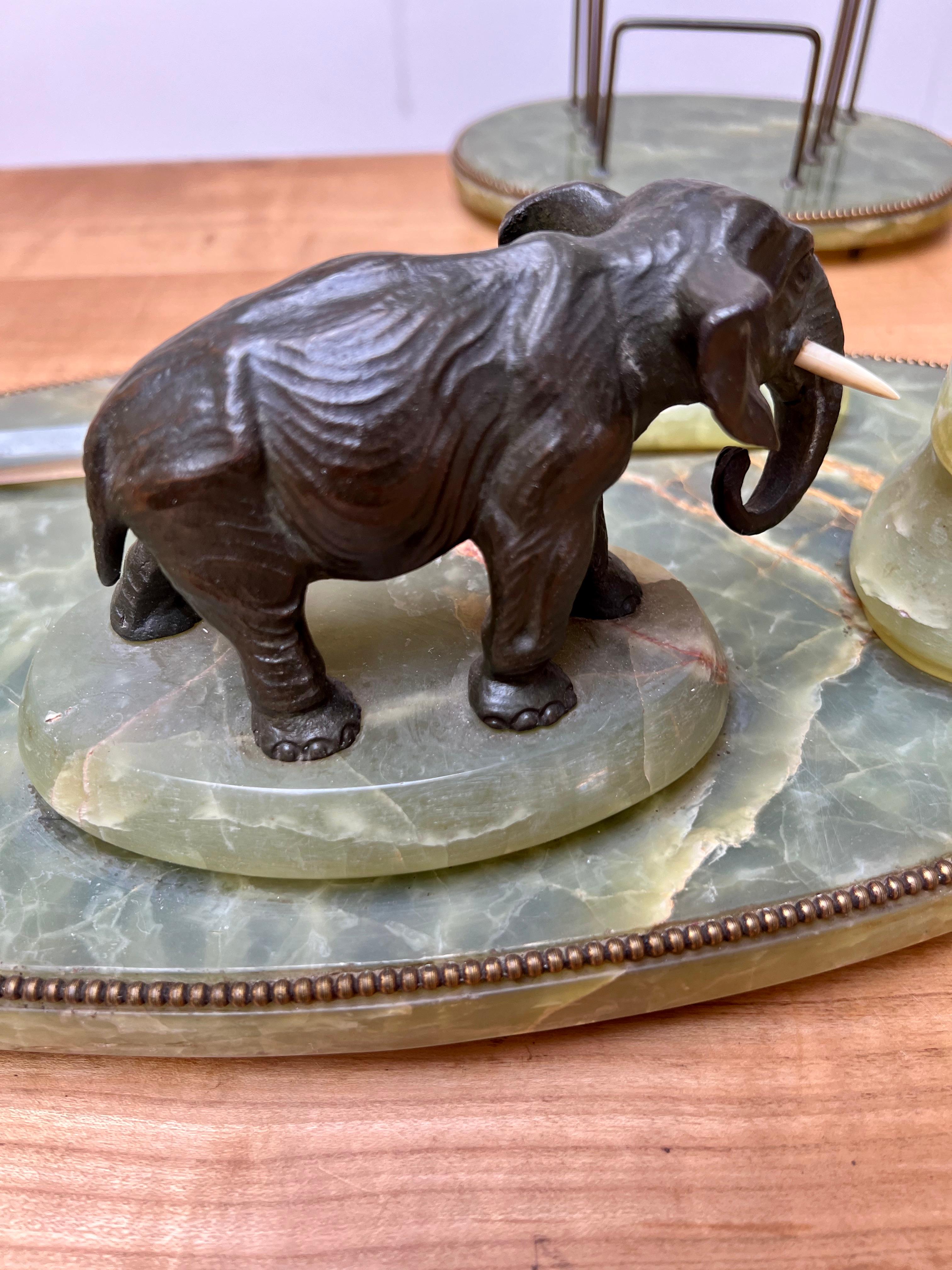 Large Art Deco Onyx & Bronze Elephant Desk Inkstand Set w. Letter Opener & Stamp In Excellent Condition In Lisse, NL