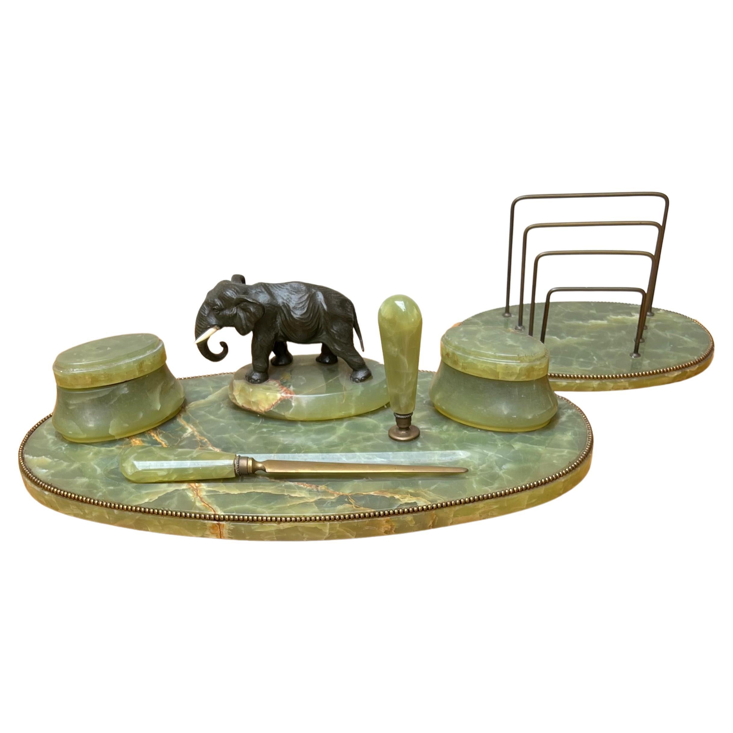 Large Art Deco Onyx & Bronze Elephant Desk Inkstand Set w. Letter Opener & Stamp