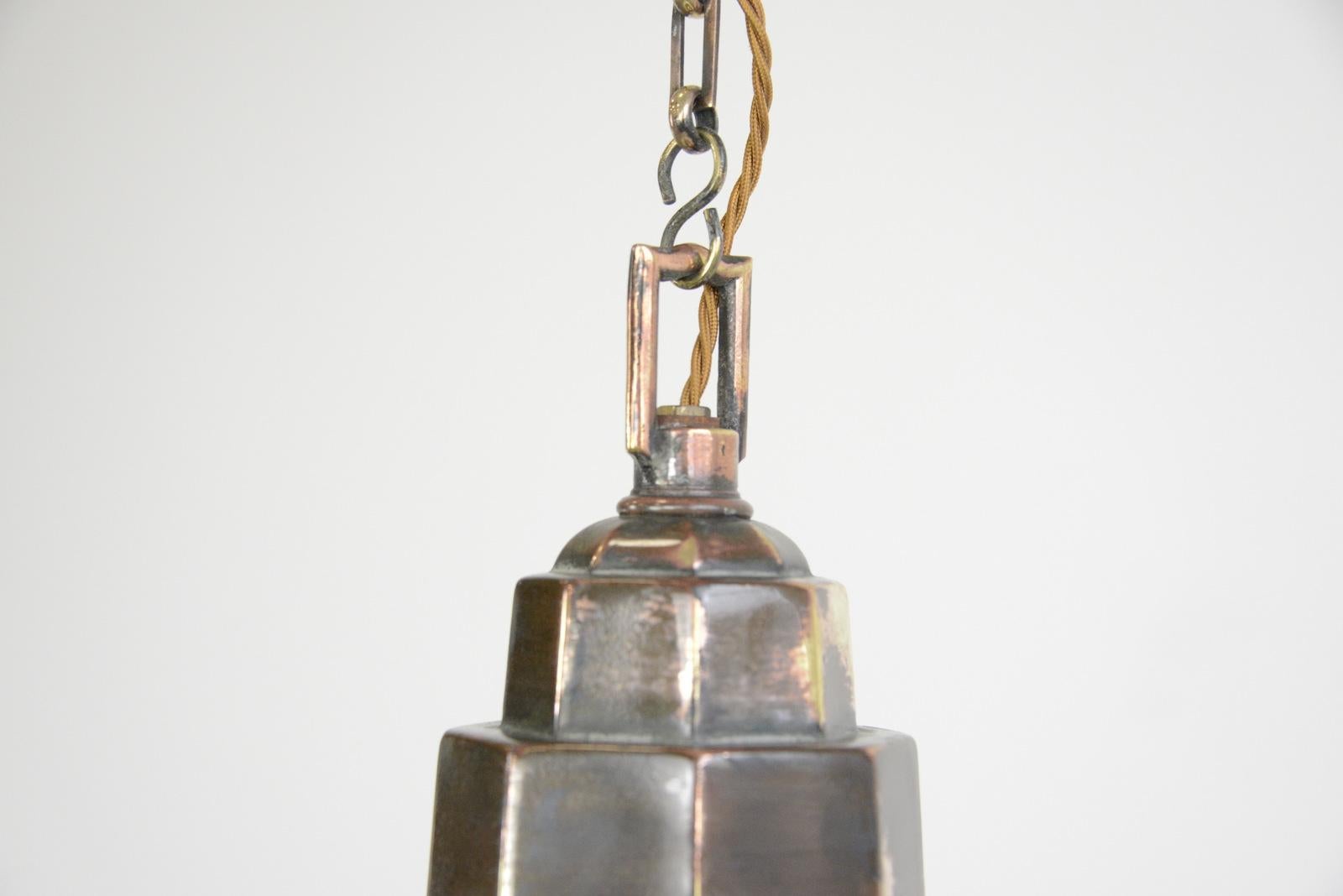 Large Art Deco Opaline pendant light, circa 1920s

- Original stepped copper gallery and chain
- Takes E27 fitting bulbs
- English, 1920s
- Measures: 50cm tall x 30cm wide

Condition report

Fully re wired with modern electrical components,