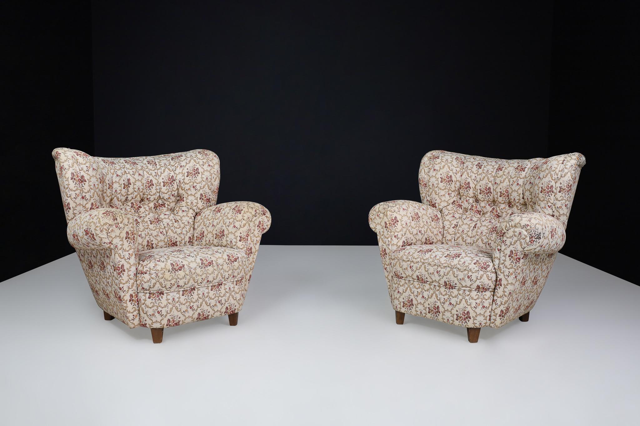 Art Deco Large Art-Deco Pair Armchairs in Original Floral Upholstery, Praque 1930s For Sale
