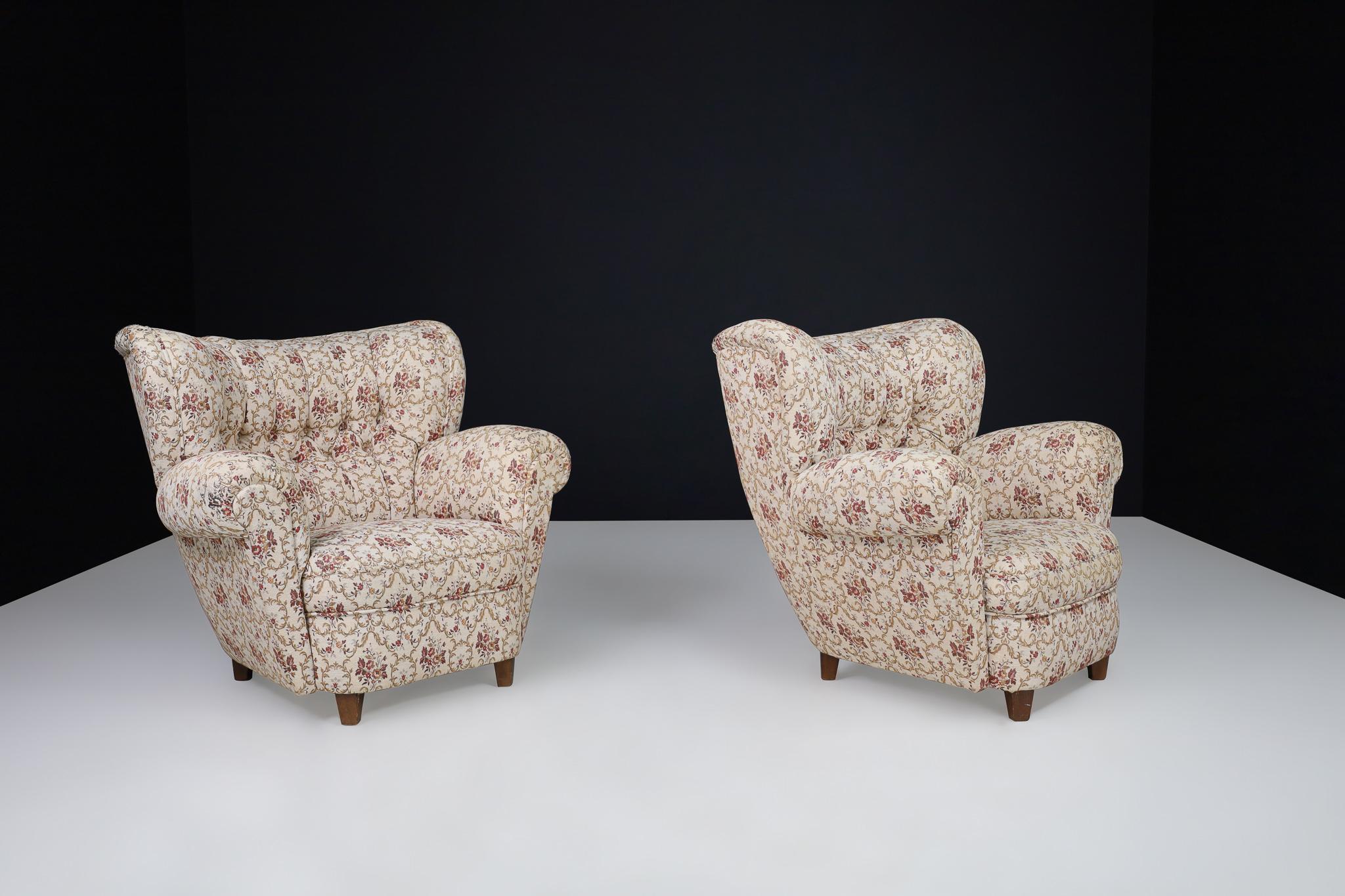 Czech Large Art-Deco Pair Armchairs in Original Floral Upholstery, Praque 1930s For Sale