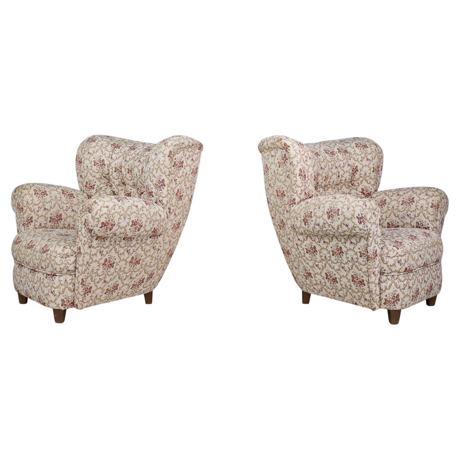 Large Art-Deco Pair Armchairs in Original Floral Upholstery, Praque 1930s For Sale