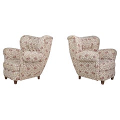 Large Art-Deco Pair Armchairs in Original Floral Upholstery, Praque 1930s