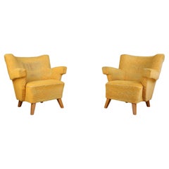 Large Art Deco Pair of Armchairs in Original Ocher Upholstery, Prague 1930s