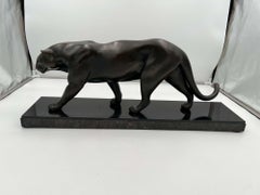 Grande sculpture de panthère Art déco par Rules, bronze, marbre, France, datant d'environ 1930