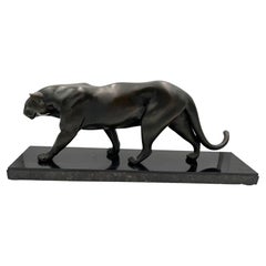 Large Art Deco Panther Sculpture by Rules, Bronze, Marble, France, circa 1930
