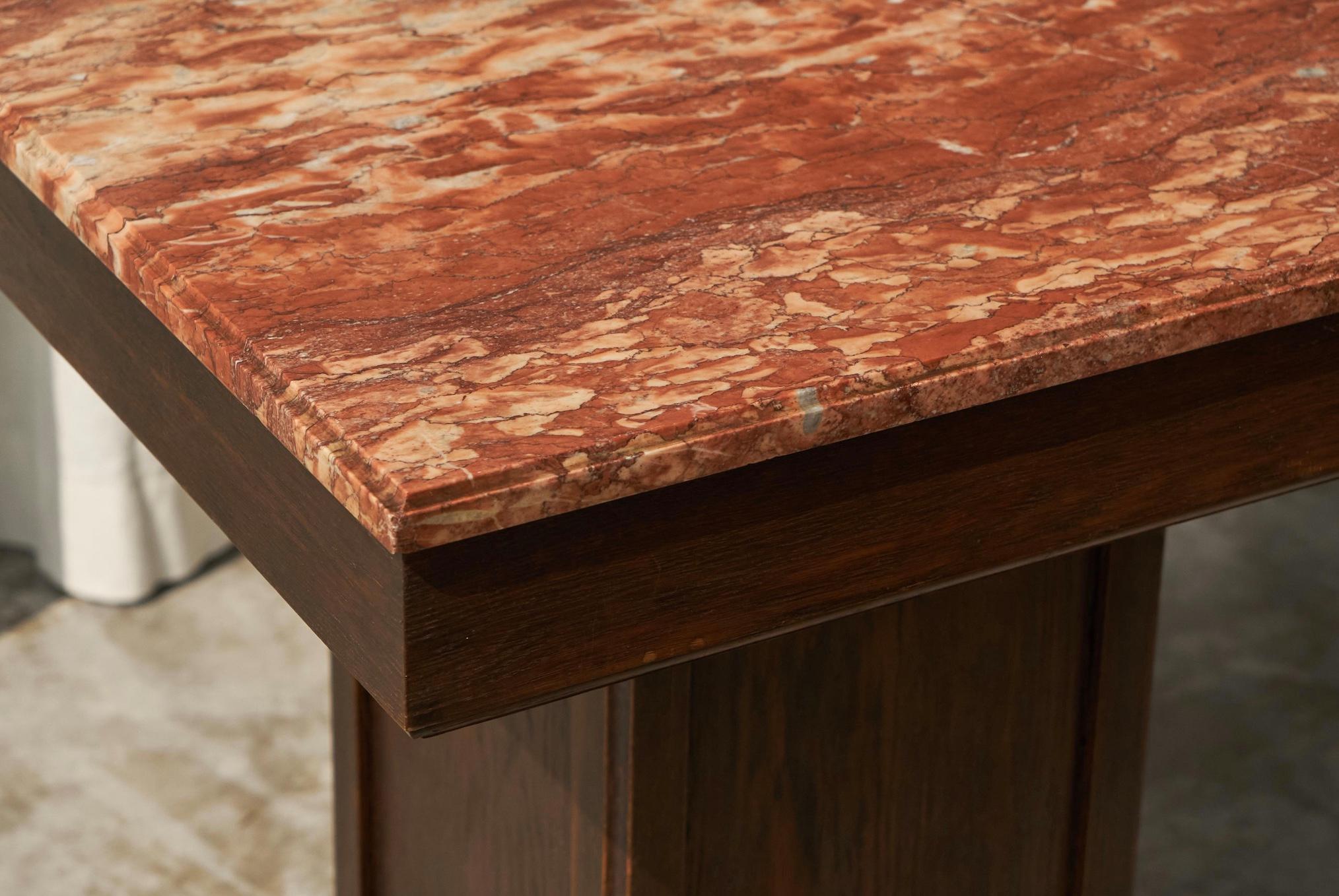 Large Art Deco Pedestal Side Table in Oak and Expressive Red Marble 1930s For Sale 4