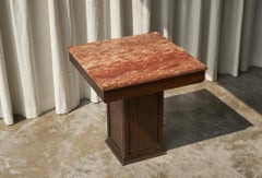 Large Art Deco Pedestal Side Table in Oak and Expressive Red Marble 1930s