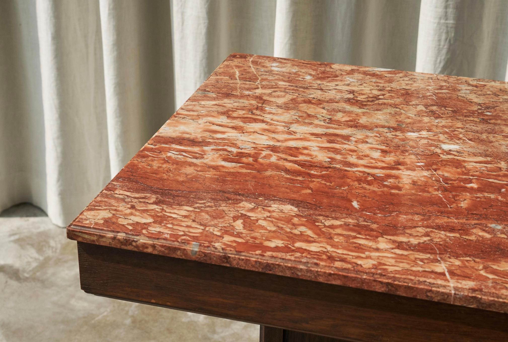 European Large Art Deco Pedestal Side Table in Oak and Expressive Red Marble 1930s For Sale