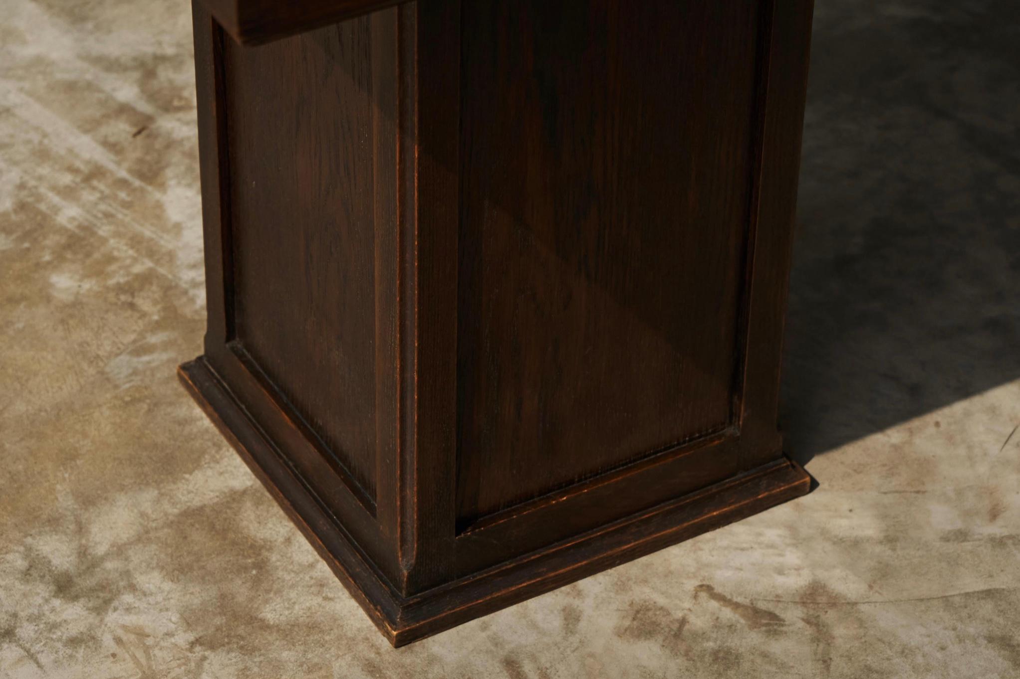 Hand-Crafted Large Art Deco Pedestal Side Table in Oak and Expressive Red Marble 1930s For Sale