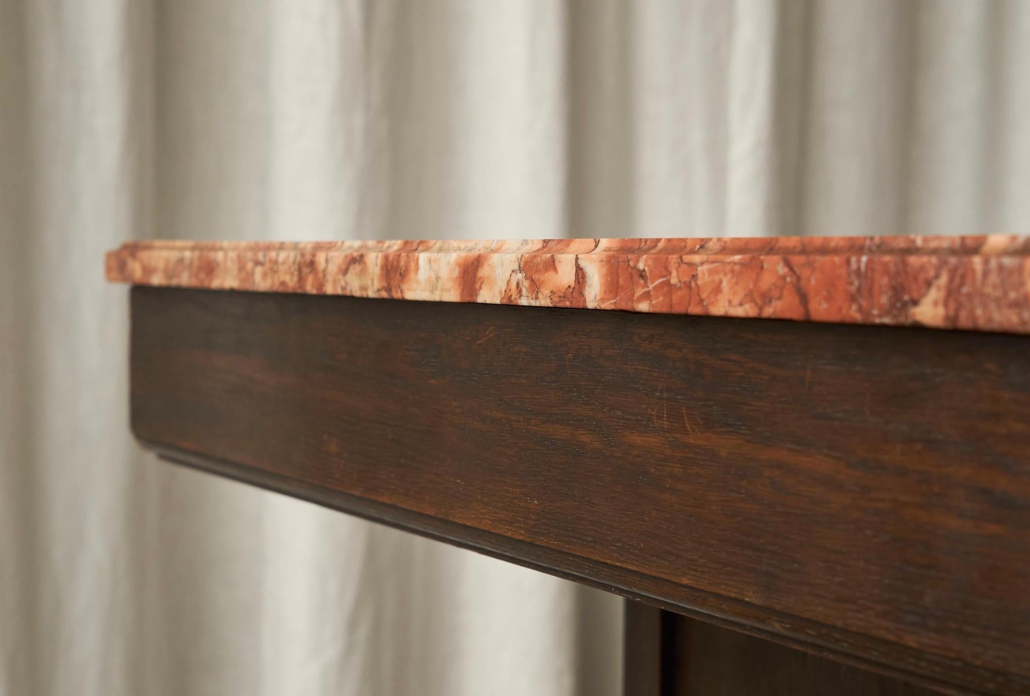 20th Century Large Art Deco Pedestal Side Table in Oak and Expressive Red Marble 1930s For Sale
