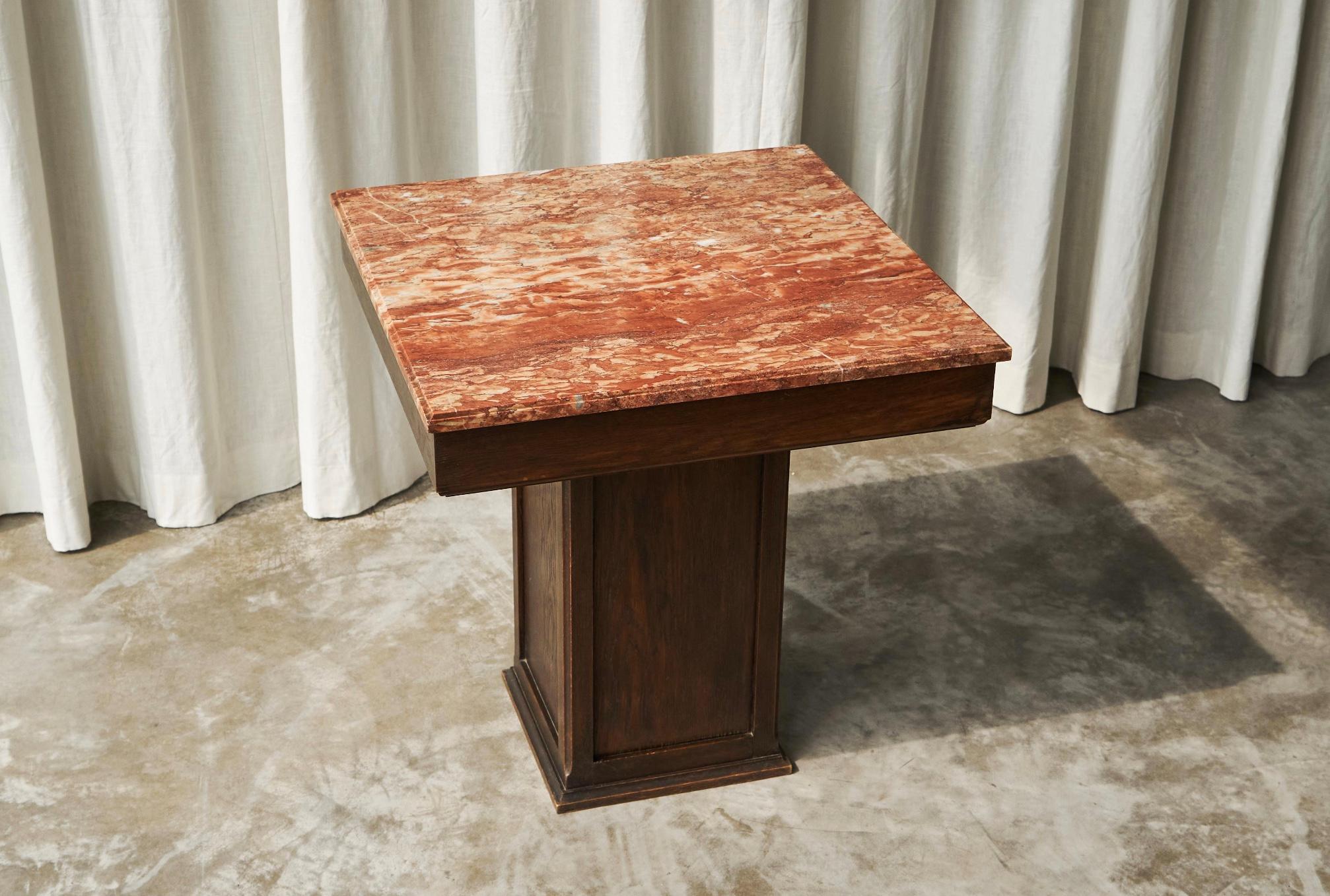 Large Art Deco Pedestal Side Table in Oak and Expressive Red Marble 1930s For Sale 1