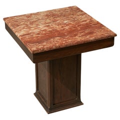 Large Art Deco Pedestal Side Table in Oak and Expressive Red Marble 1930s