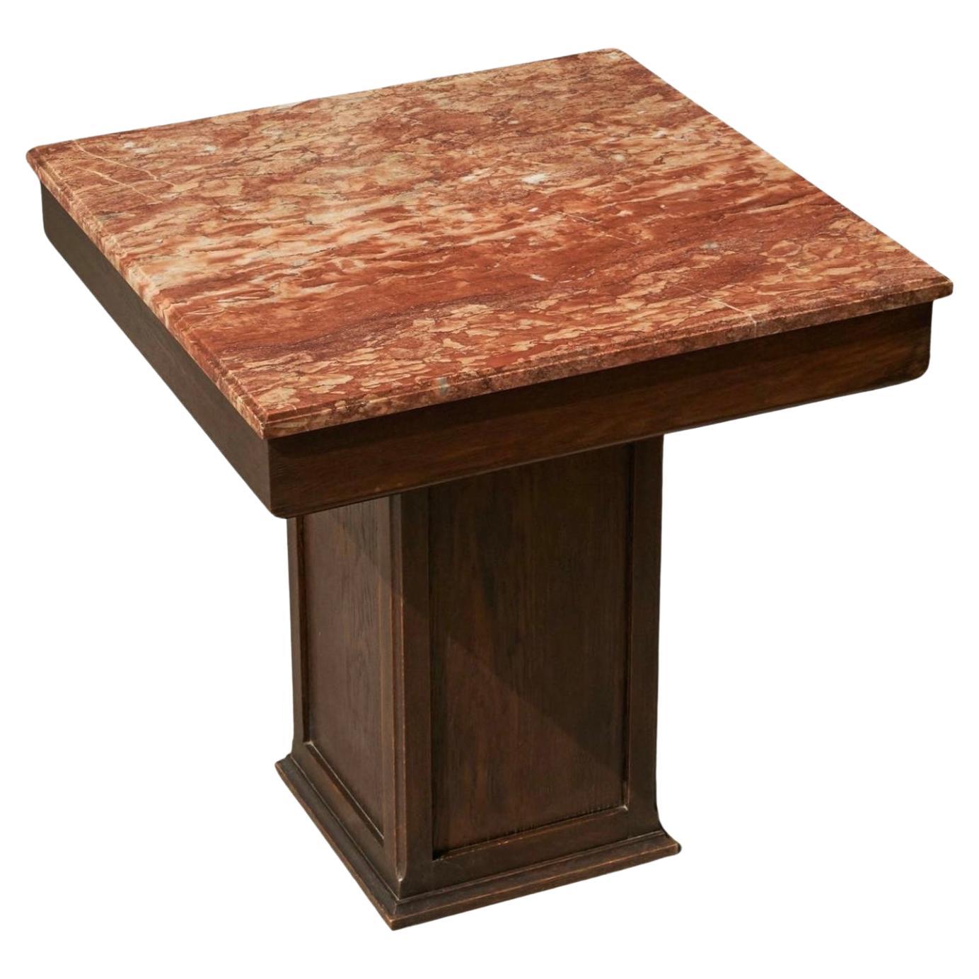 Large Art Deco Pedestal Side Table in Oak and Expressive Red Marble 1930s For Sale
