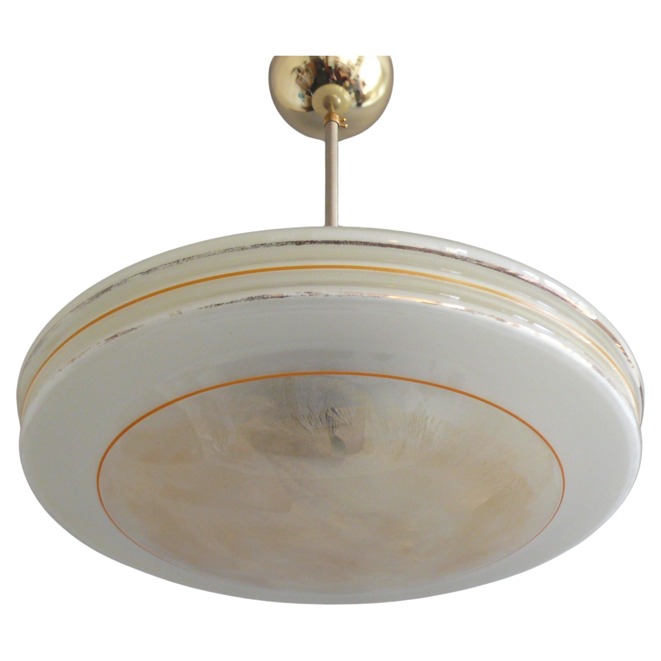 Large Art Deco Pendant Lamp, Glass Shade, Brass Canopy, Germany, 1940s - 1950s For Sale