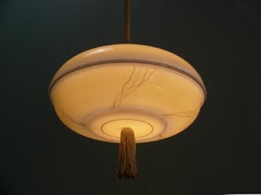 Art Deco Pendant Lamp, Pink Marbled Glass Shade, Brass, Germany, 1930