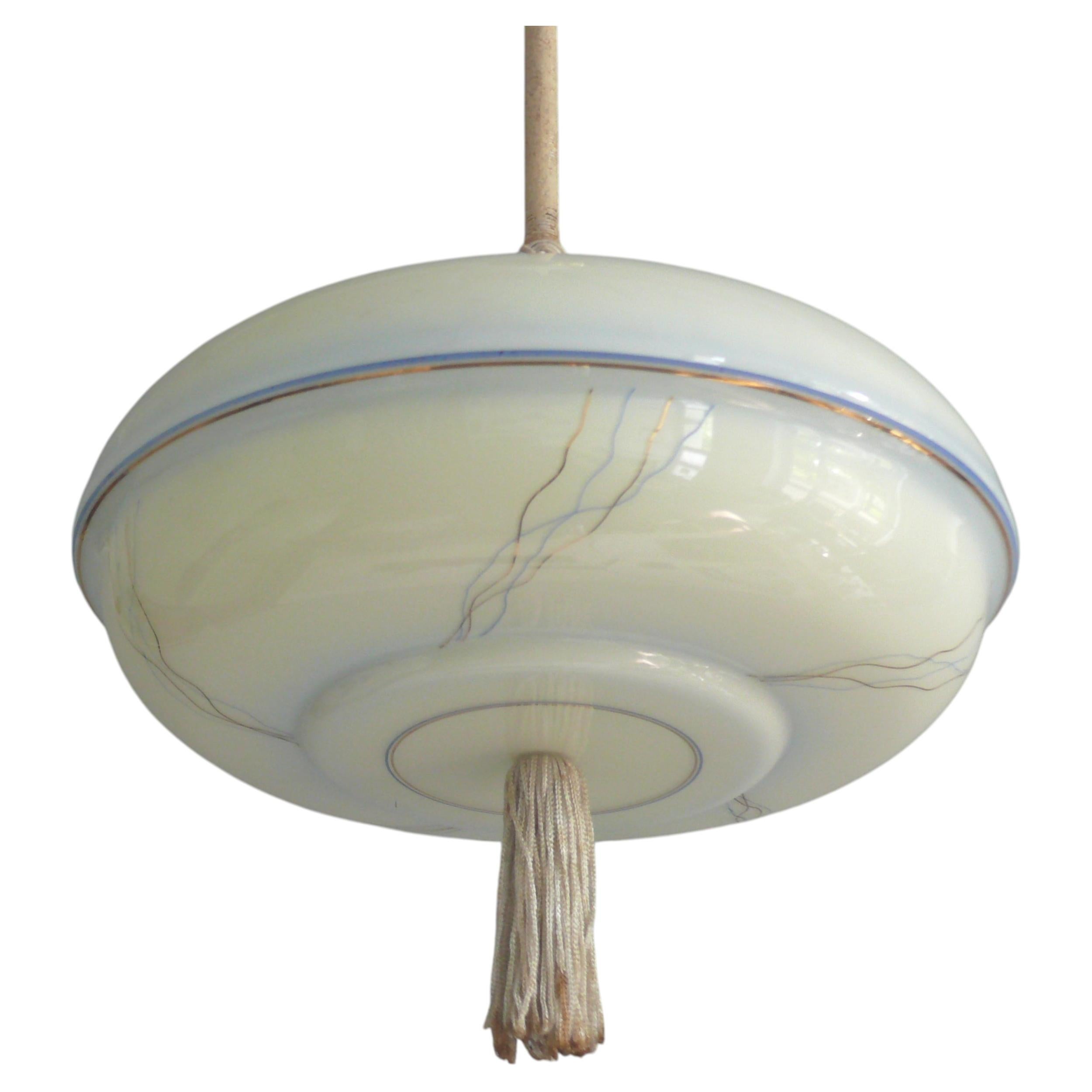 Art Deco Pendant Lamp, Pink Marbled Glass Shade, Brass, Germany, 1930