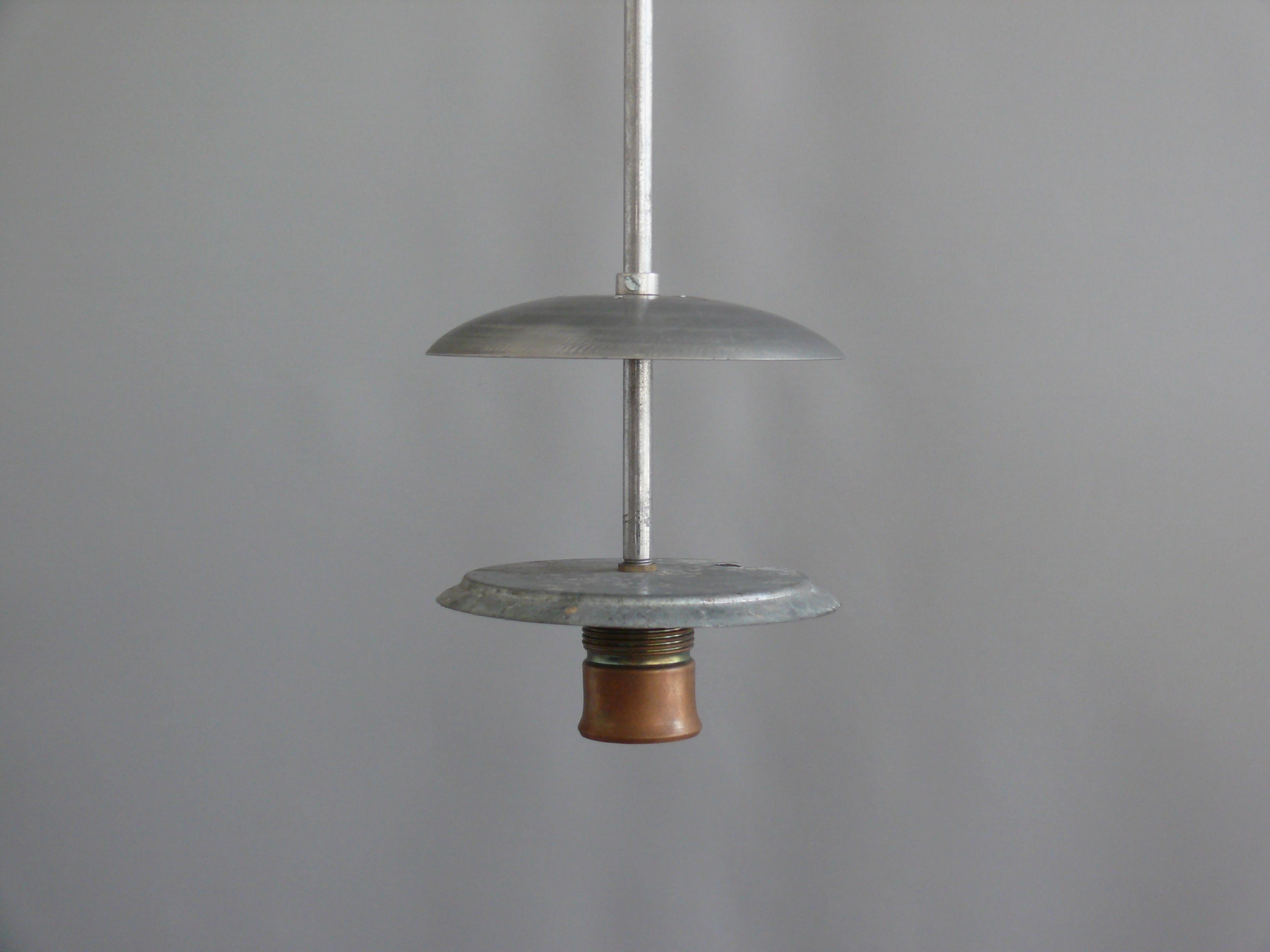 Metal Large Art Déco Pendant Light With Opaline Glass, 1930s For Sale