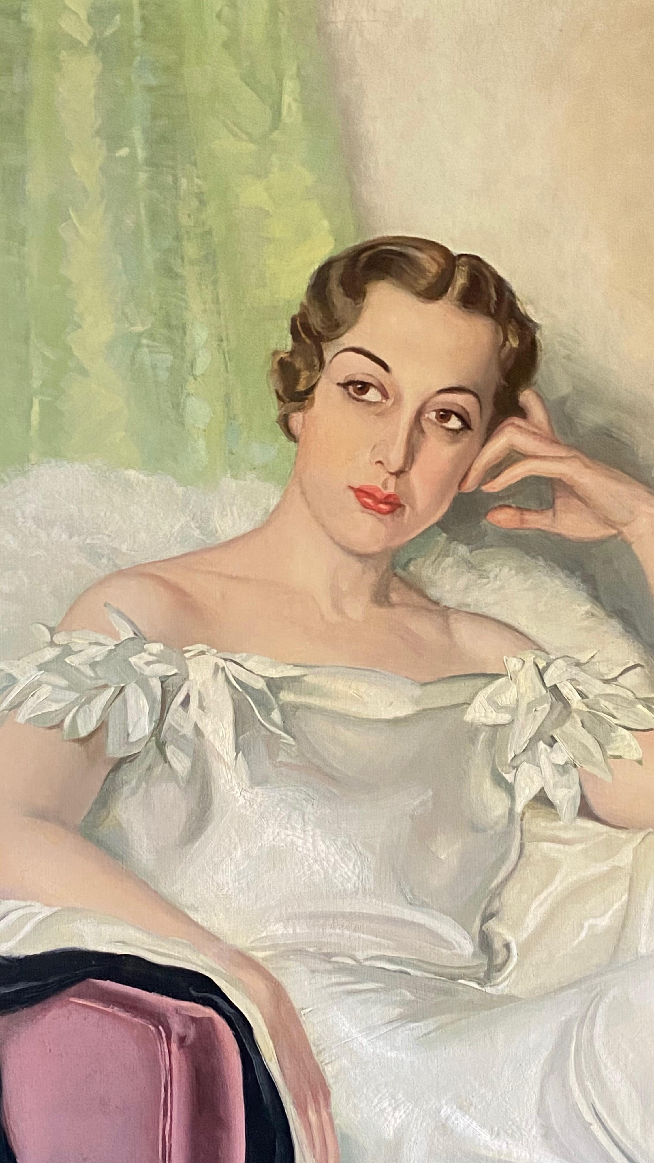 Art déco Grande peinture de portrait d'une jeune femme élégante d'époque Art Déco, 1937 en vente