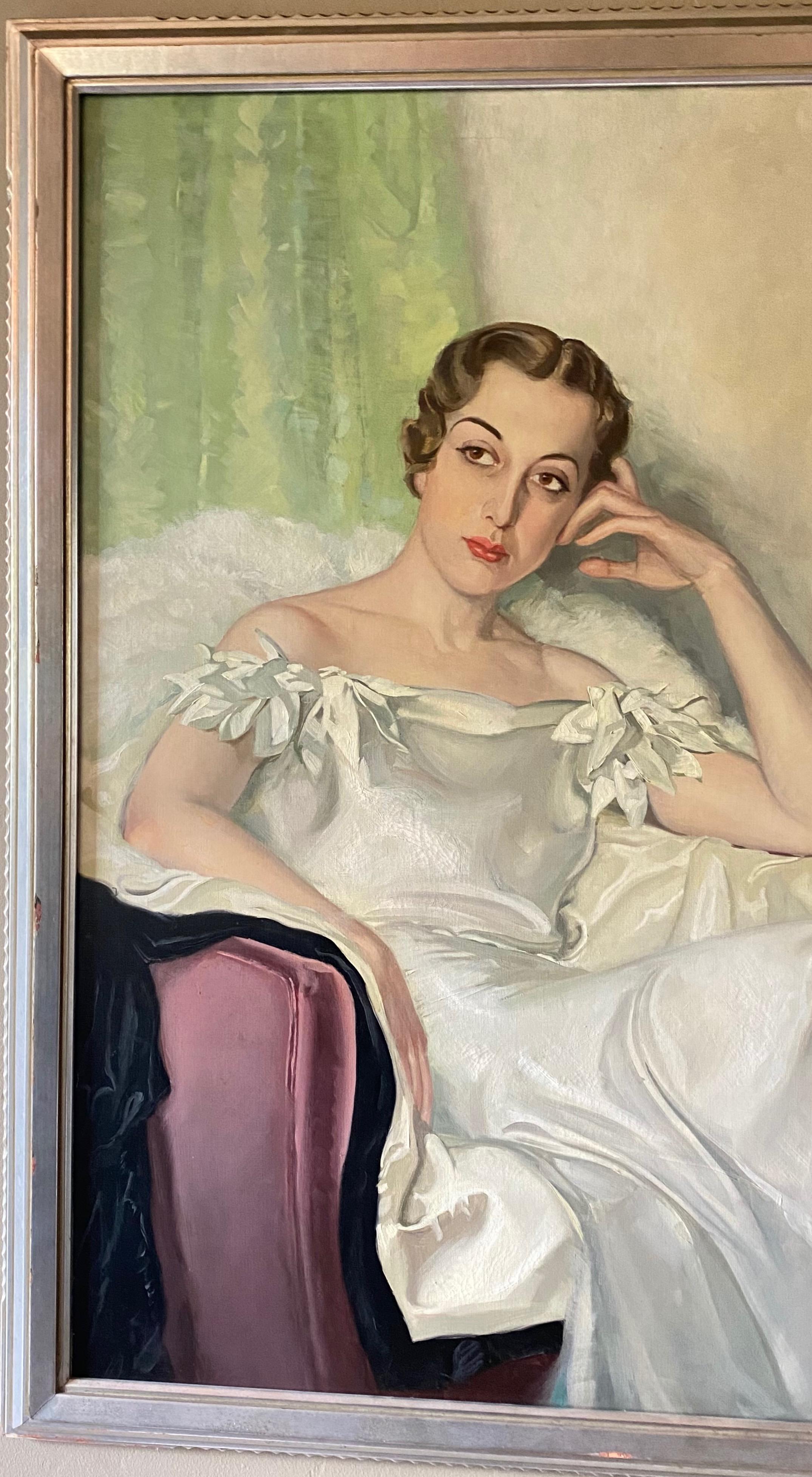 Américain Grande peinture de portrait d'une jeune femme élégante d'époque Art Déco, 1937 en vente