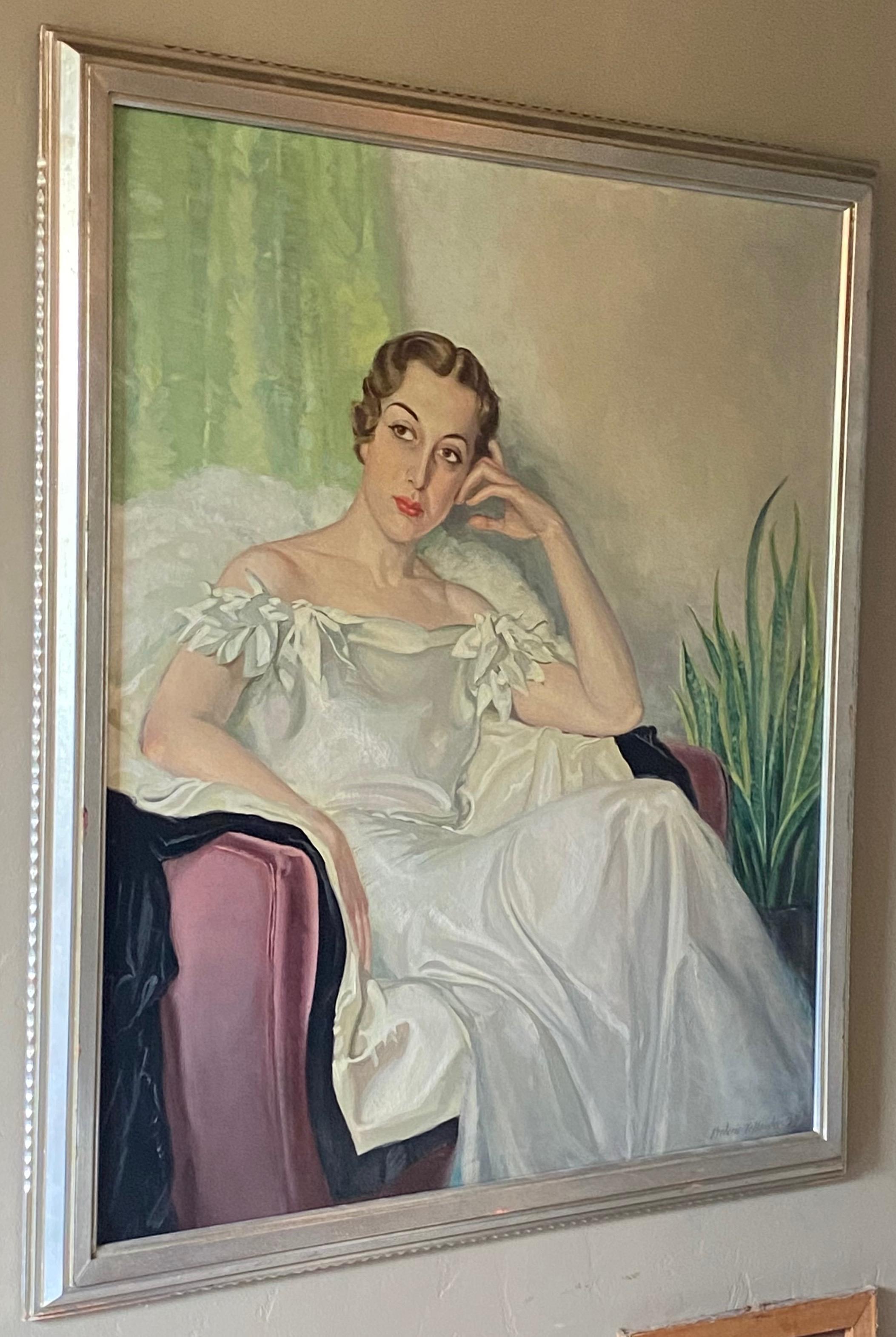 Peint à la main Grande peinture de portrait d'une jeune femme élégante d'époque Art Déco, 1937 en vente