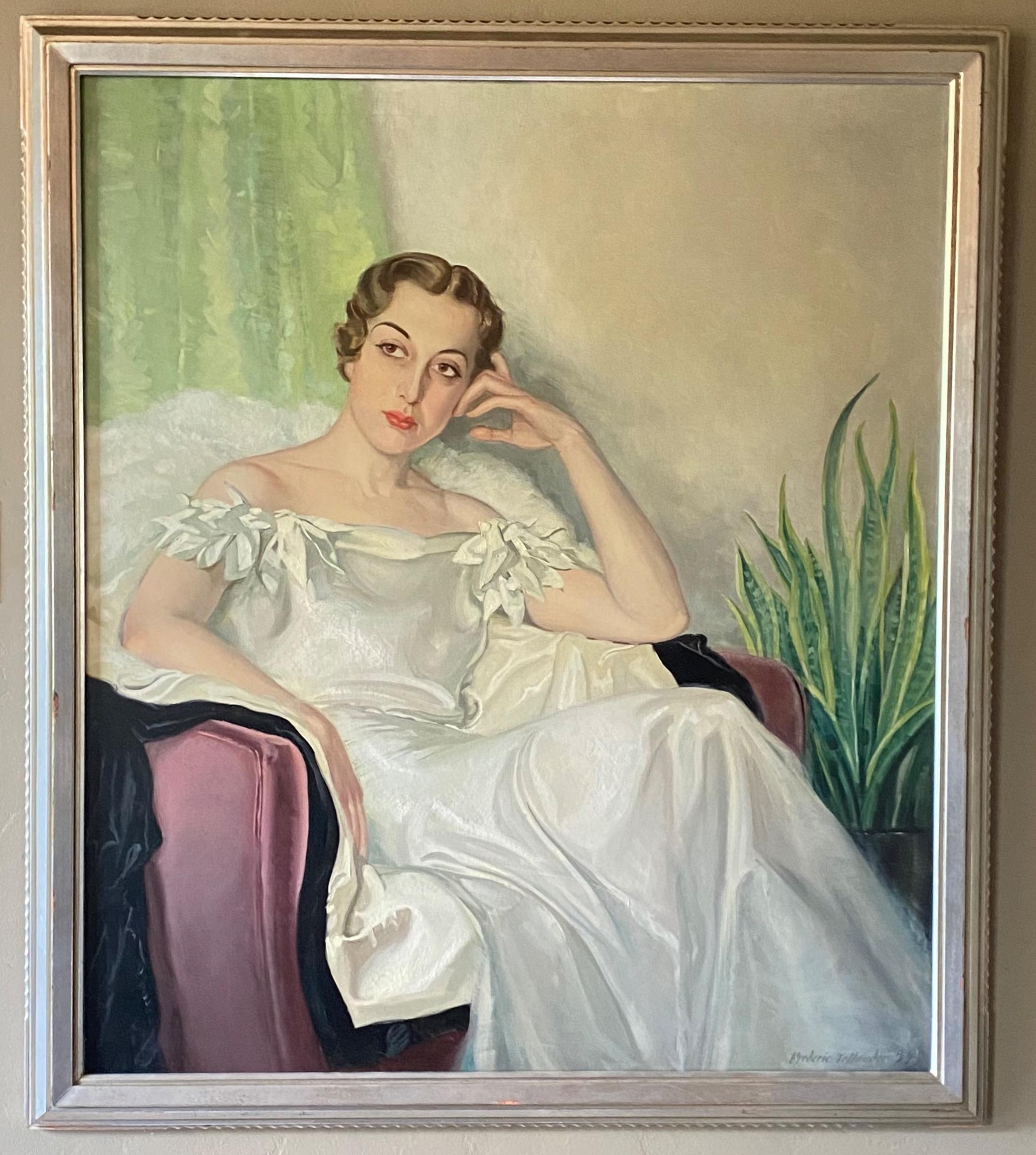 A very large Art Deco style full length portrait of an elegantly dressed beautiful young woman. The woman in this painting is Millie Stokes.
Oil on canvas in original silver gilt wood frame.
Signed Frederic Tellander and dated 1937.

Frederic