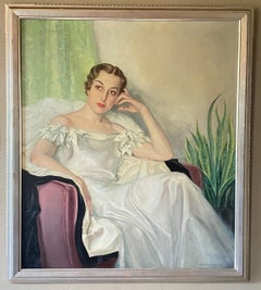 Large Art Deco Period Portrait Painting of an Elegant Young Woman, 1937