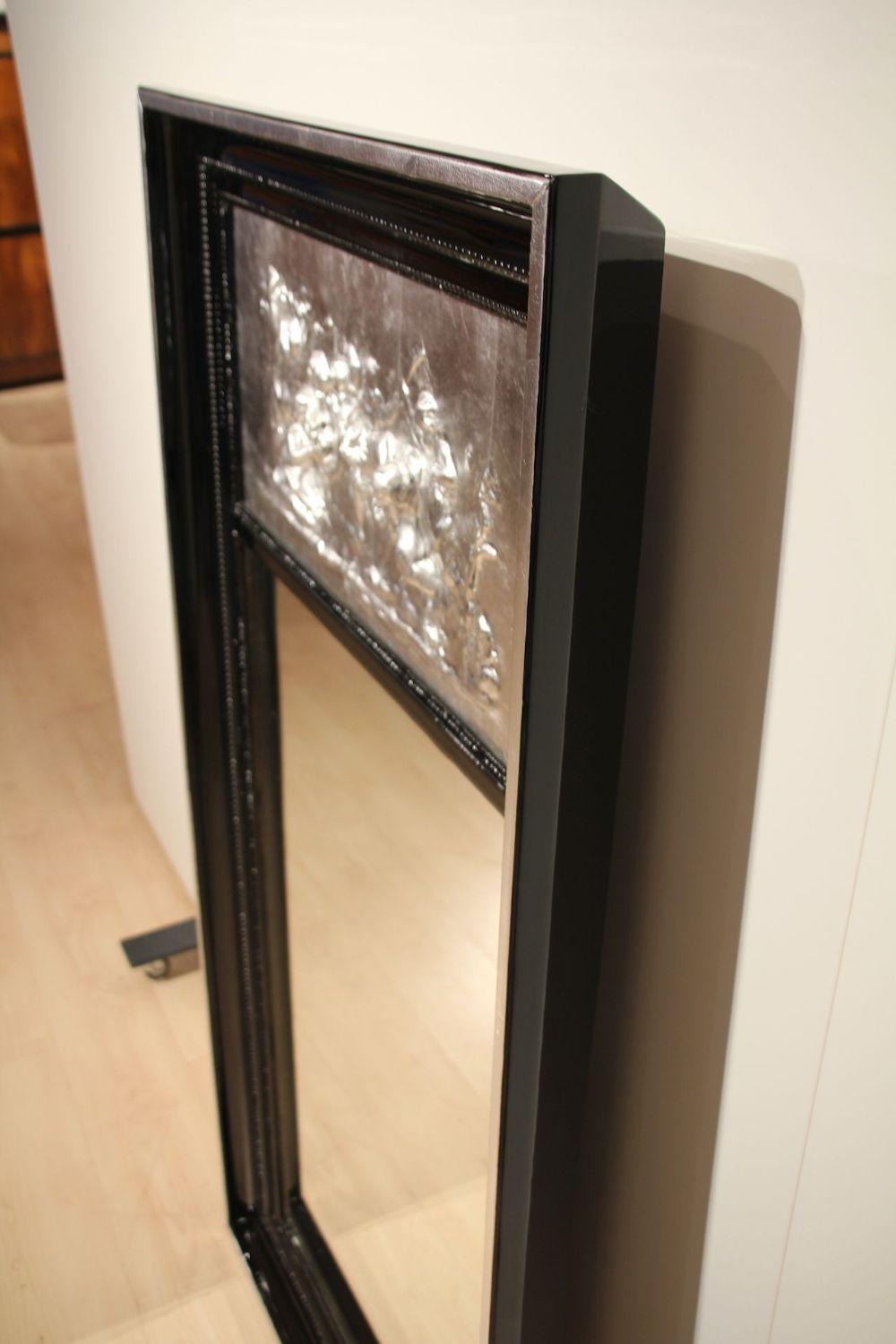 Art Deco Mirror, Black Lacquer and Silver-Leaf, France circa 1920 4