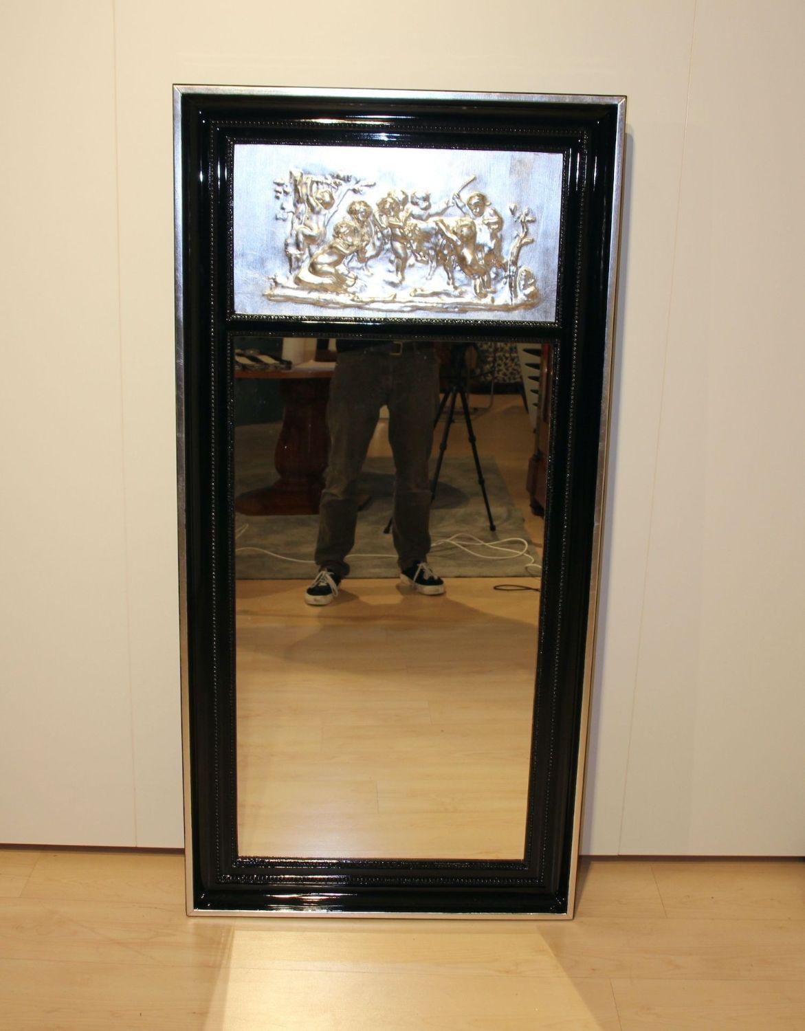 Polished Art Deco Mirror, Black Lacquer and Silver-Leaf, France circa 1920 For Sale
