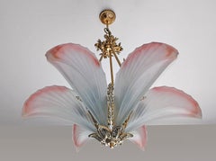 Large Art Deco Pink Frosted Glass Palm Tree Hollywood Regency Bronze Chandelier