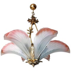 Large Art Deco Pink Frosted Glass Palm Tree Hollywood Regency Bronze Chandelier