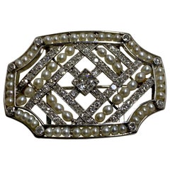 Large Art Deco Platinum Natural Pearl & Diamond Brooch 1920's