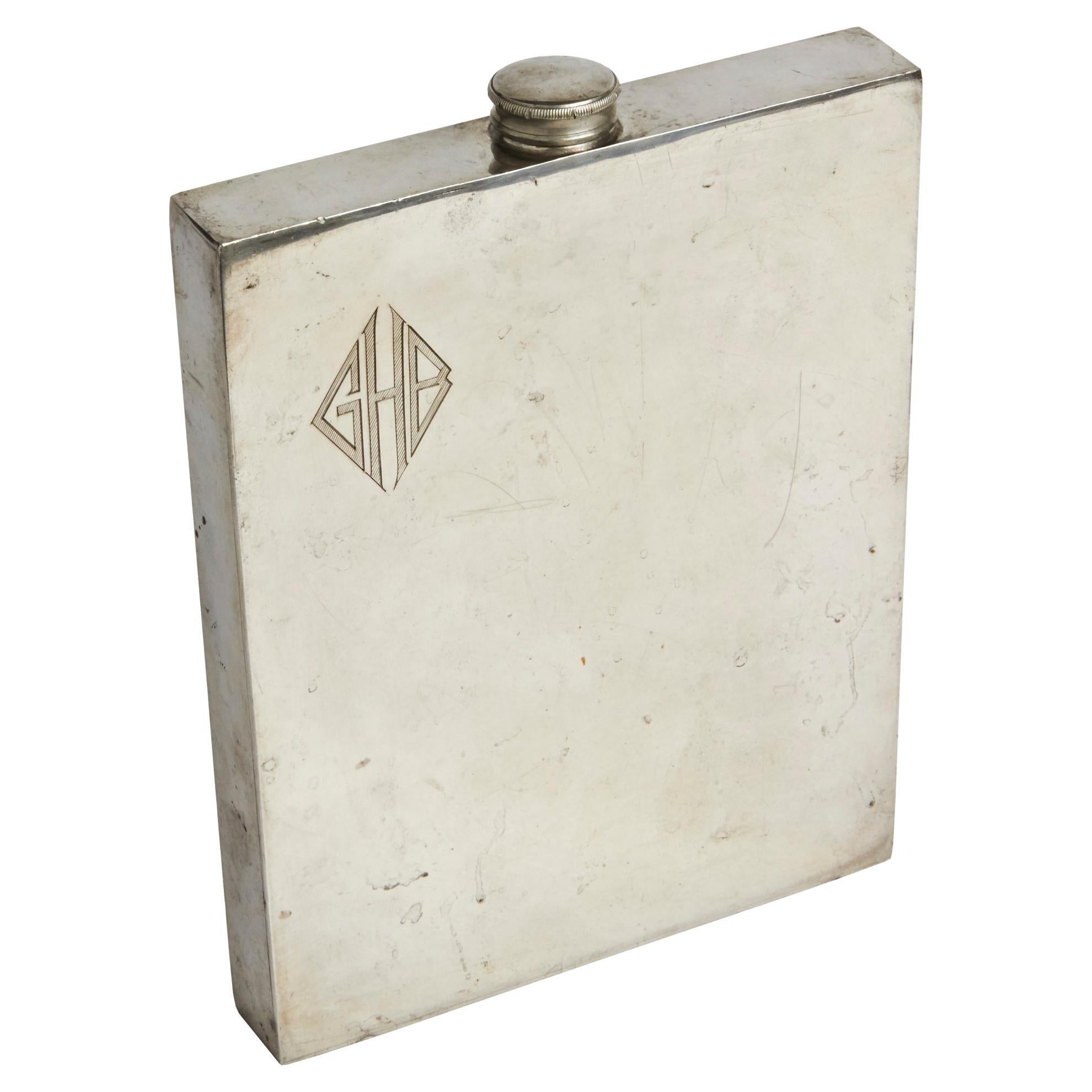 Large Art Deco Polished Pewter Drinking Flask by A W F & Co for Tiffany London For Sale