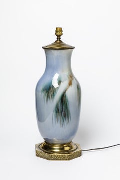 Large Art Deco Porcelain Blue and White Ceramic Table Lamp Bronze