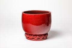 large art deco red ceramic flower pot or vase by Jean Maubrou 24 cm 1950 design