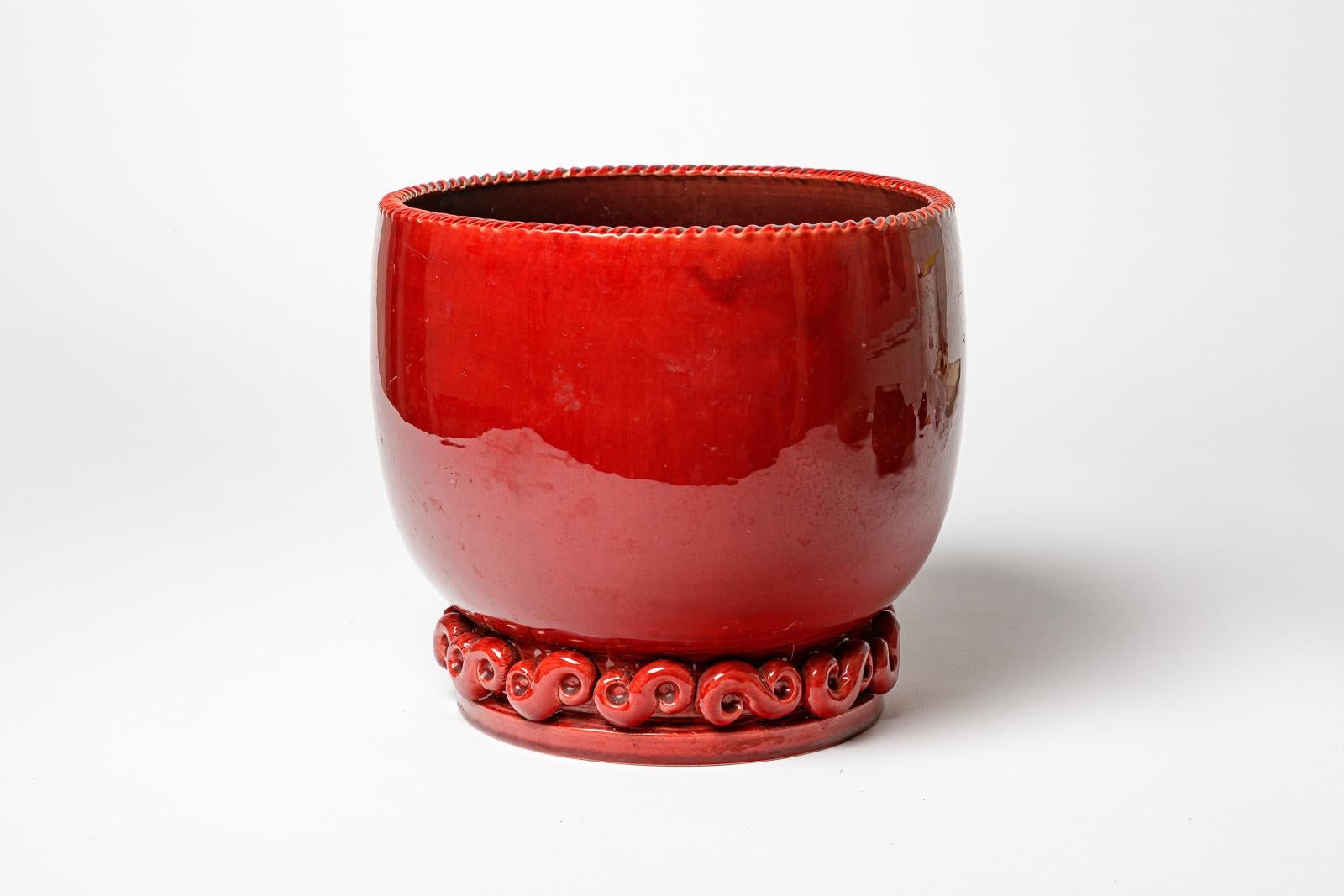 Mid-Century Modern large art deco red ceramic flower pot or vase by Jean Maubrou 24 cm 1950 design For Sale
