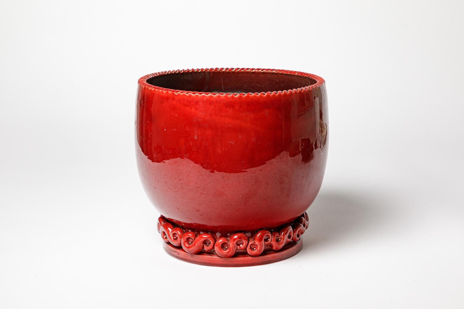 French large art deco red ceramic flower pot or vase by Jean Maubrou 24 cm 1950 design For Sale