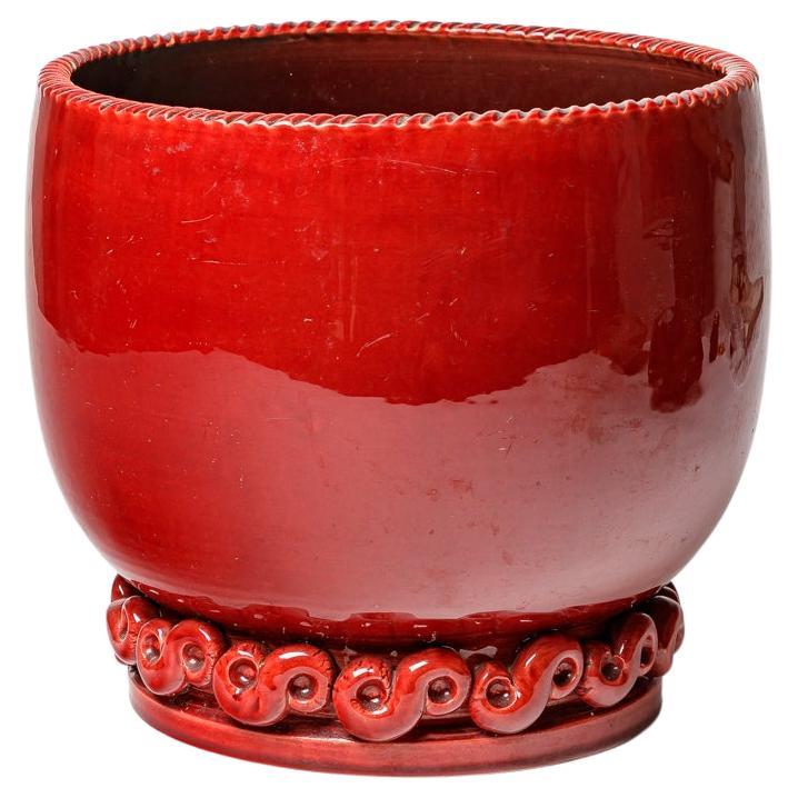 large art deco red ceramic flower pot or vase by Jean Maubrou 24 cm 1950 design For Sale