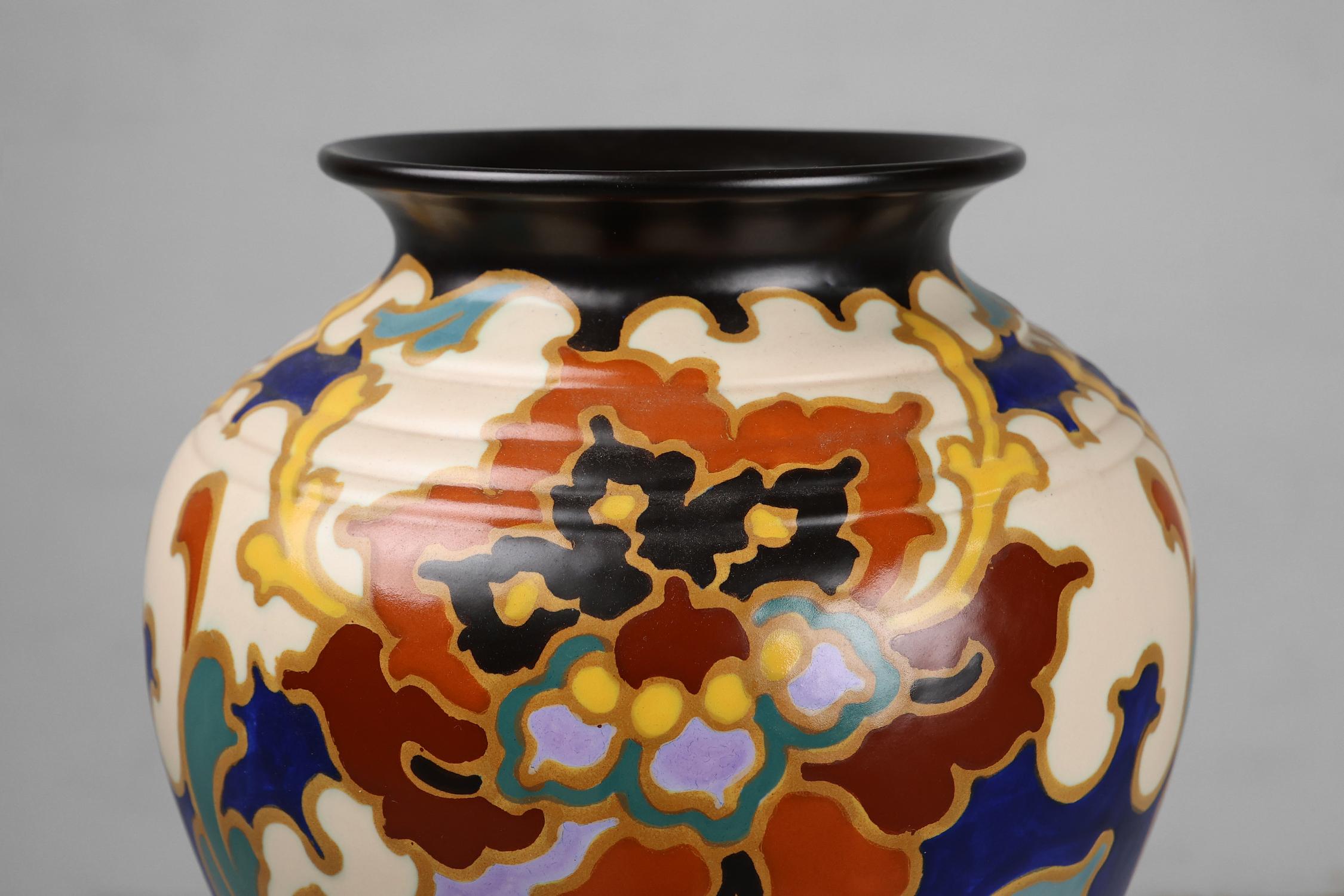 Dutch Large Art Deco Regina Gouda vase with Rosario floral decor, The Netherlands 1930