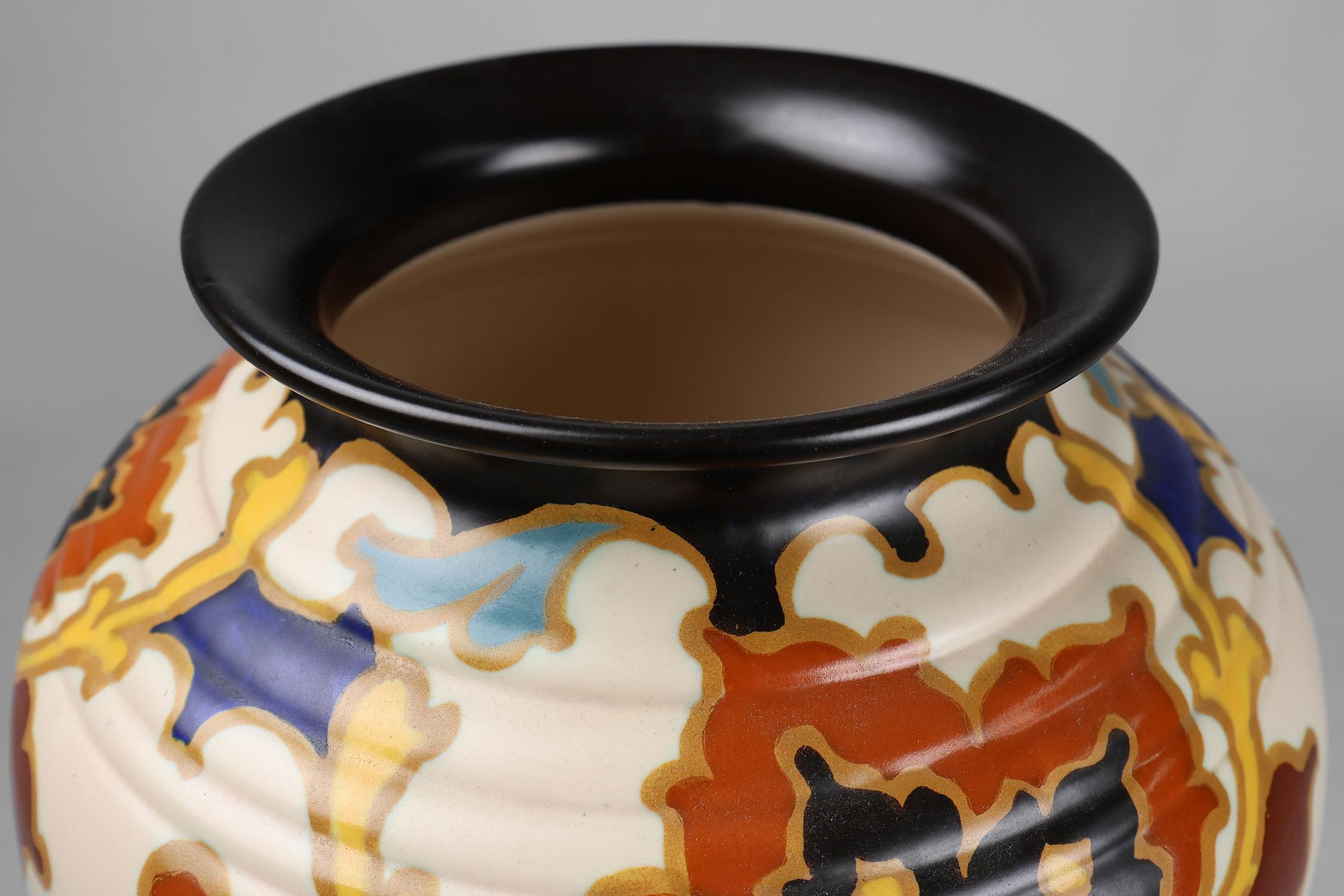 Mid-20th Century Large Art Deco Regina Gouda vase with Rosario floral decor, The Netherlands 1930
