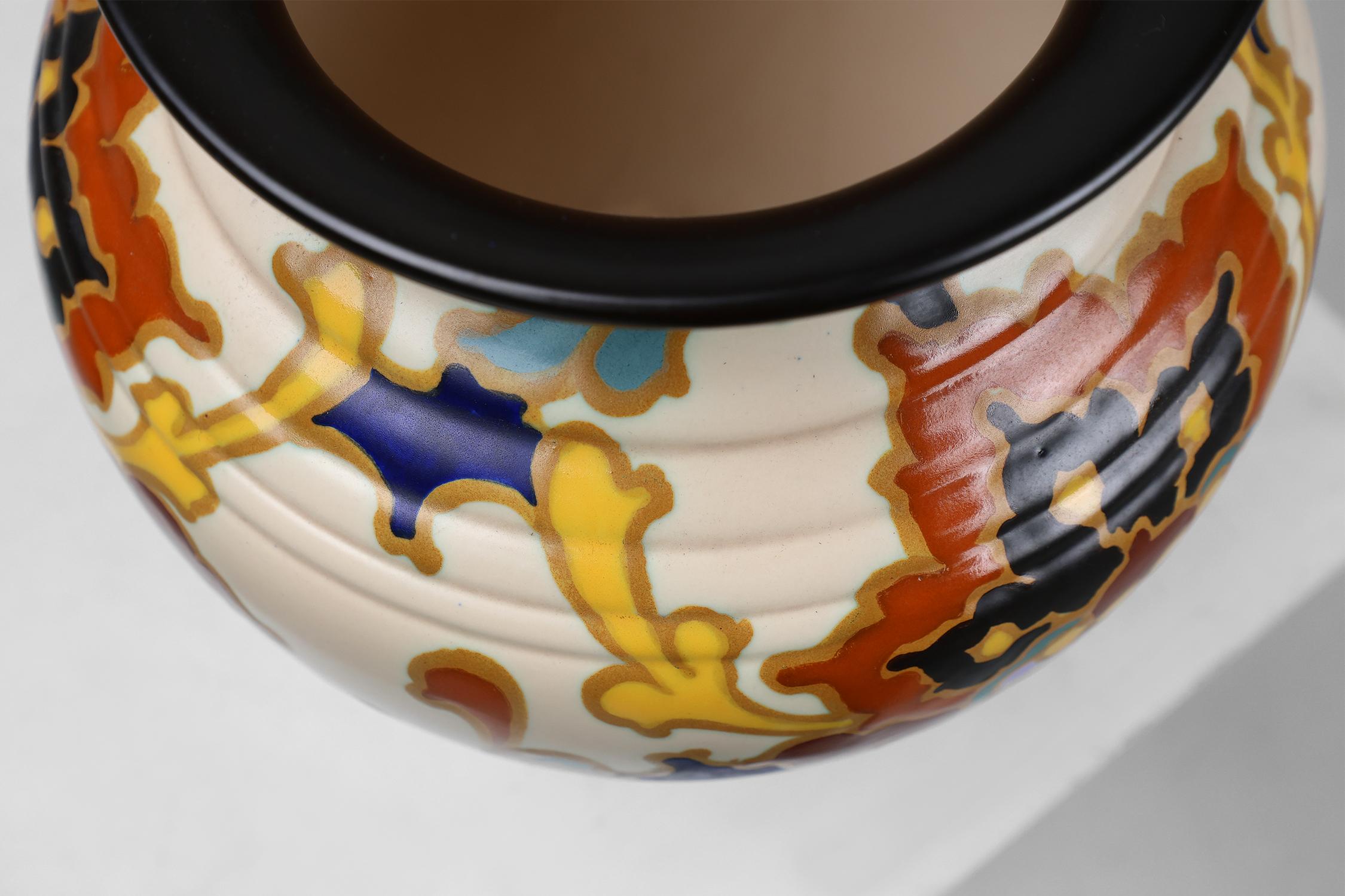 Ceramic Large Art Deco Regina Gouda vase with Rosario floral decor, The Netherlands 1930