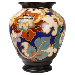 Large Art Deco Regina Gouda vase with Rosario floral decor, The Netherlands 1930