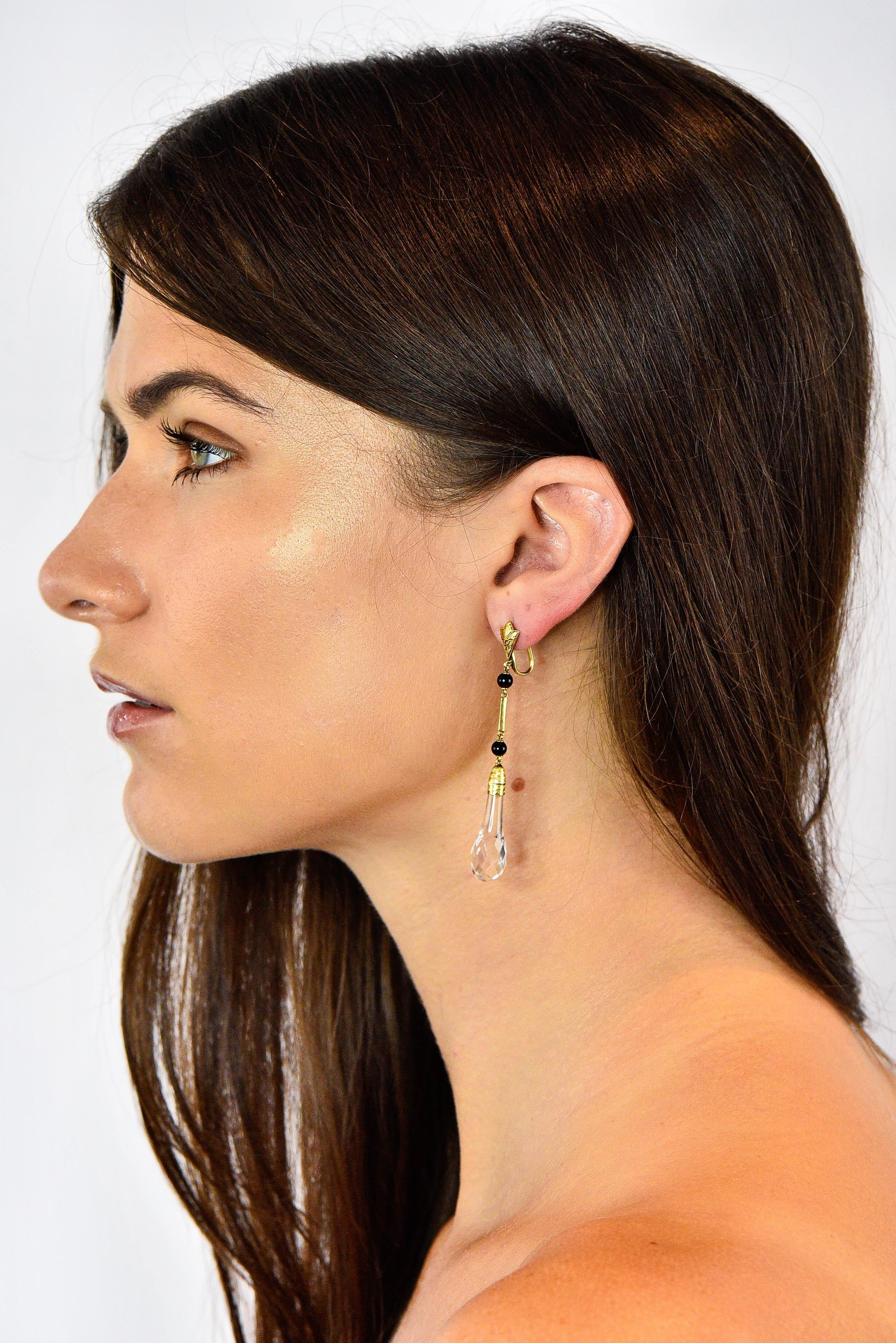 Large Art Deco Rock Crystal Onyx 14 Karat Gold Articulated Drop Earrings 6