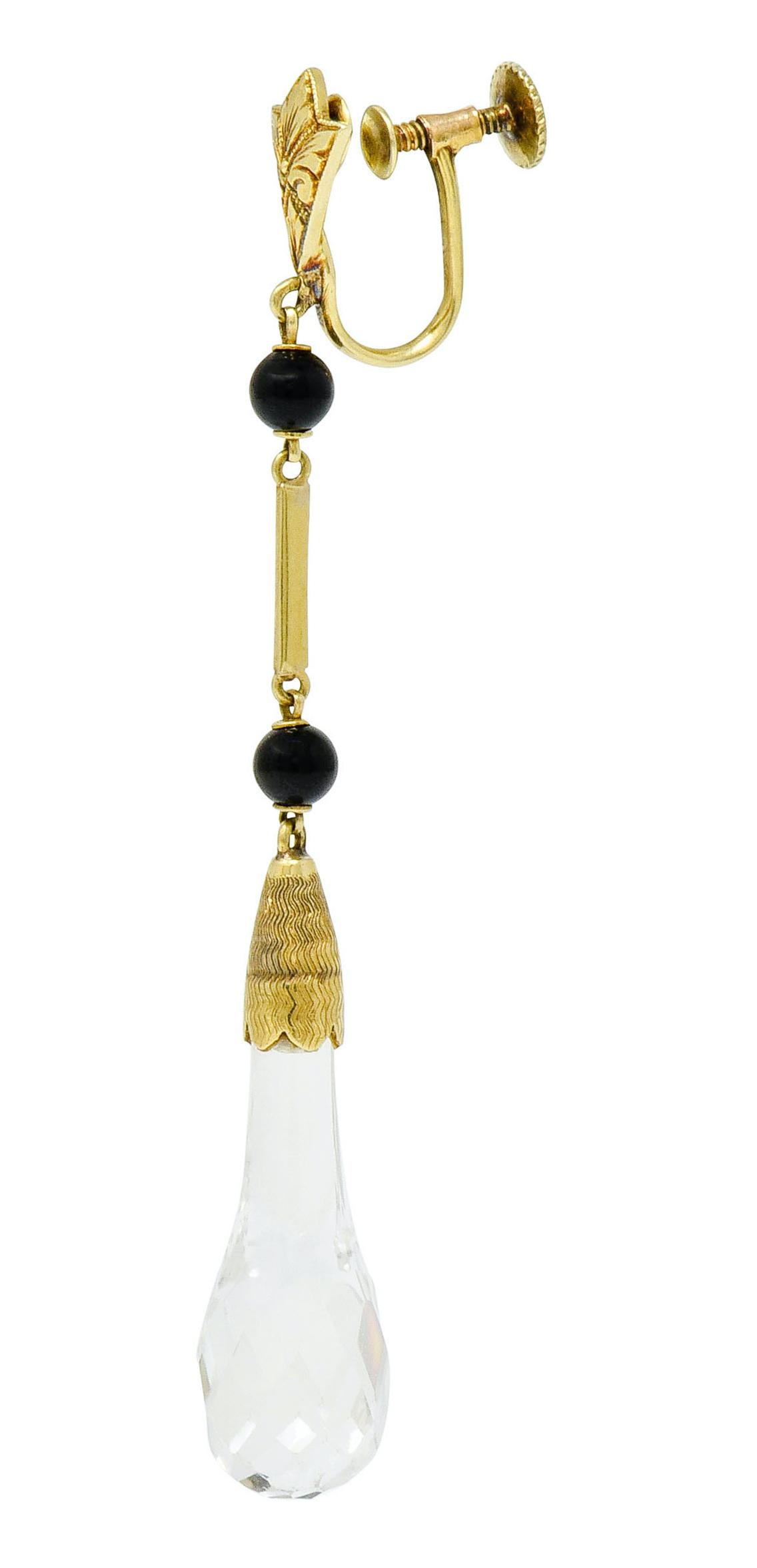 Round Cut Large Art Deco Rock Crystal Onyx 14 Karat Gold Articulated Drop Earrings