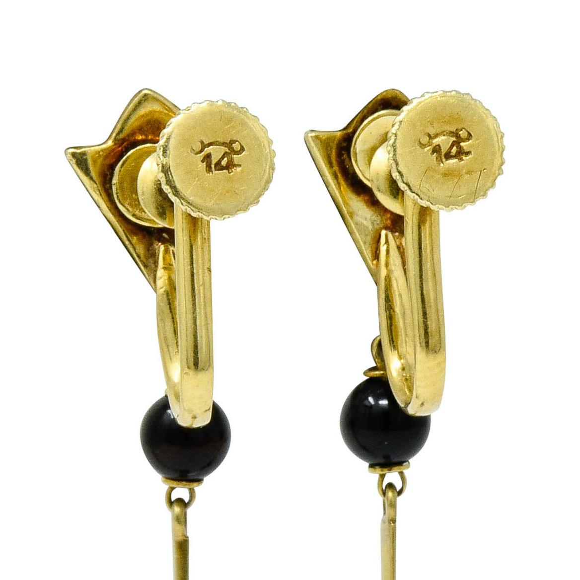 Women's or Men's Large Art Deco Rock Crystal Onyx 14 Karat Gold Articulated Drop Earrings