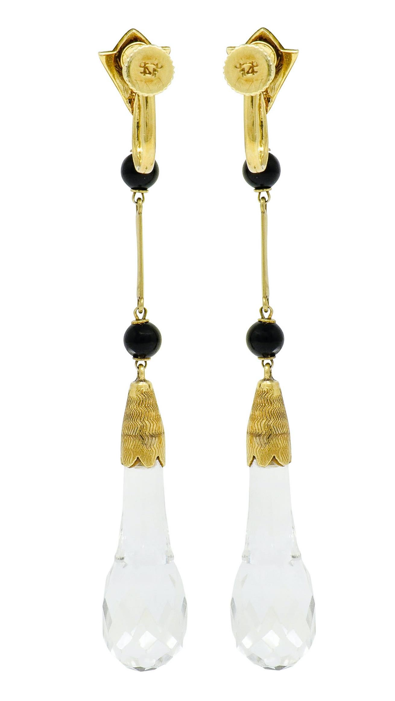 Large Art Deco Rock Crystal Onyx 14 Karat Gold Articulated Drop Earrings 1