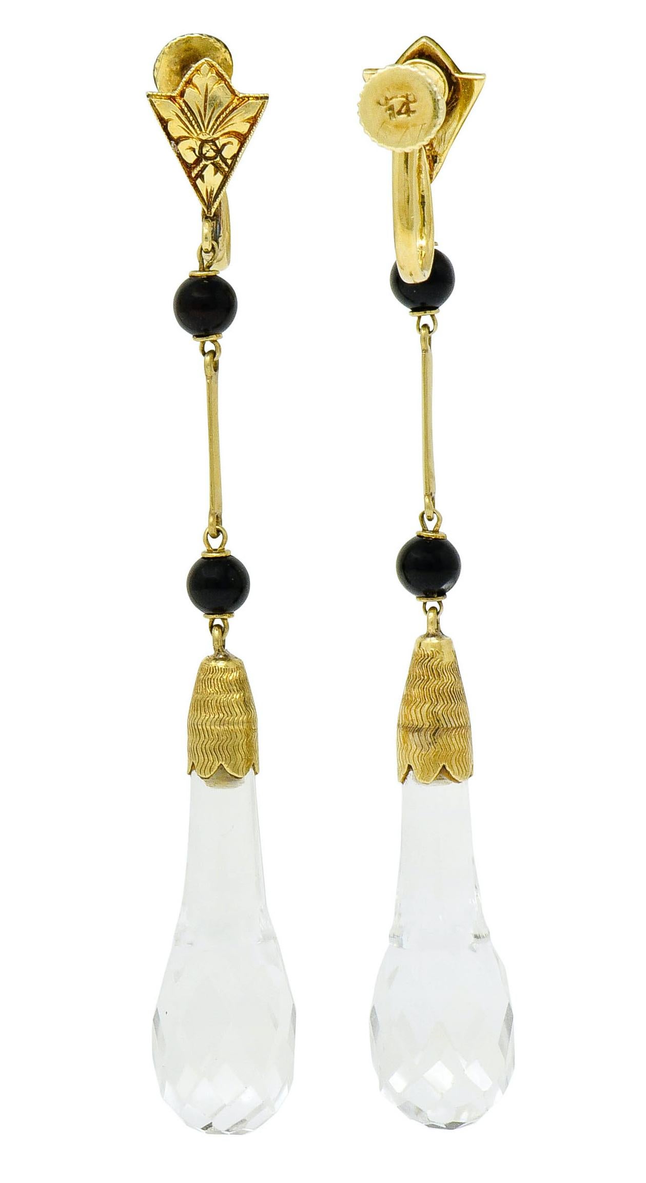 Large Art Deco Rock Crystal Onyx 14 Karat Gold Articulated Drop Earrings 2