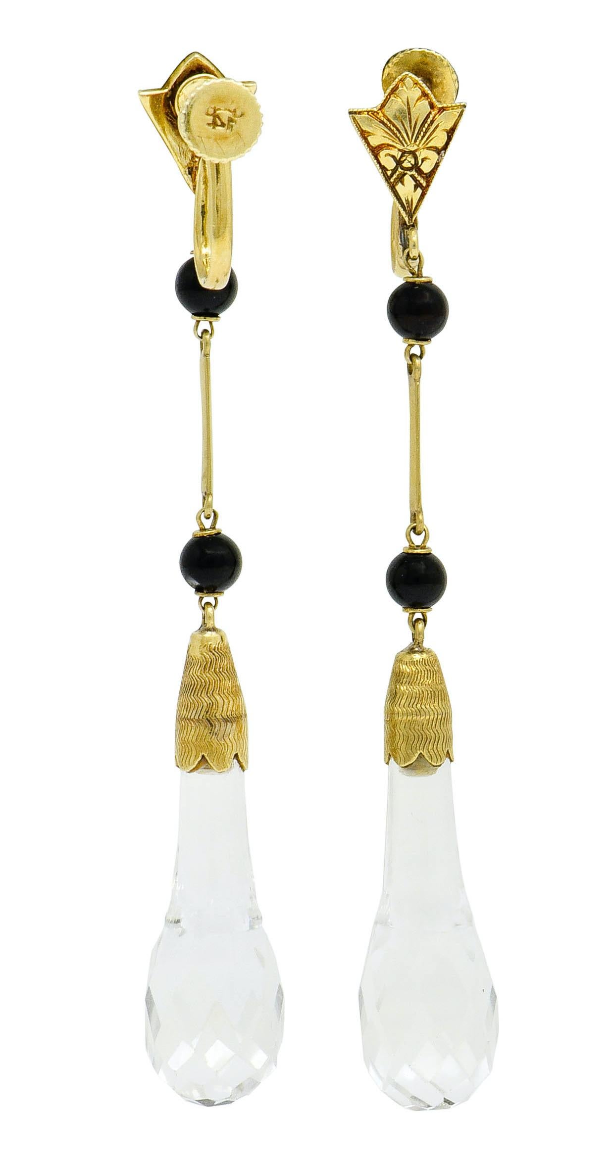 Large Art Deco Rock Crystal Onyx 14 Karat Gold Articulated Drop Earrings 3