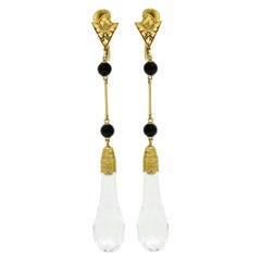 Large Art Deco Rock Crystal Onyx 14 Karat Gold Articulated Drop Earrings