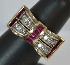 Large Art Deco Ruby and Diamond 18 Carat Gold Bow Design Cluster Ring